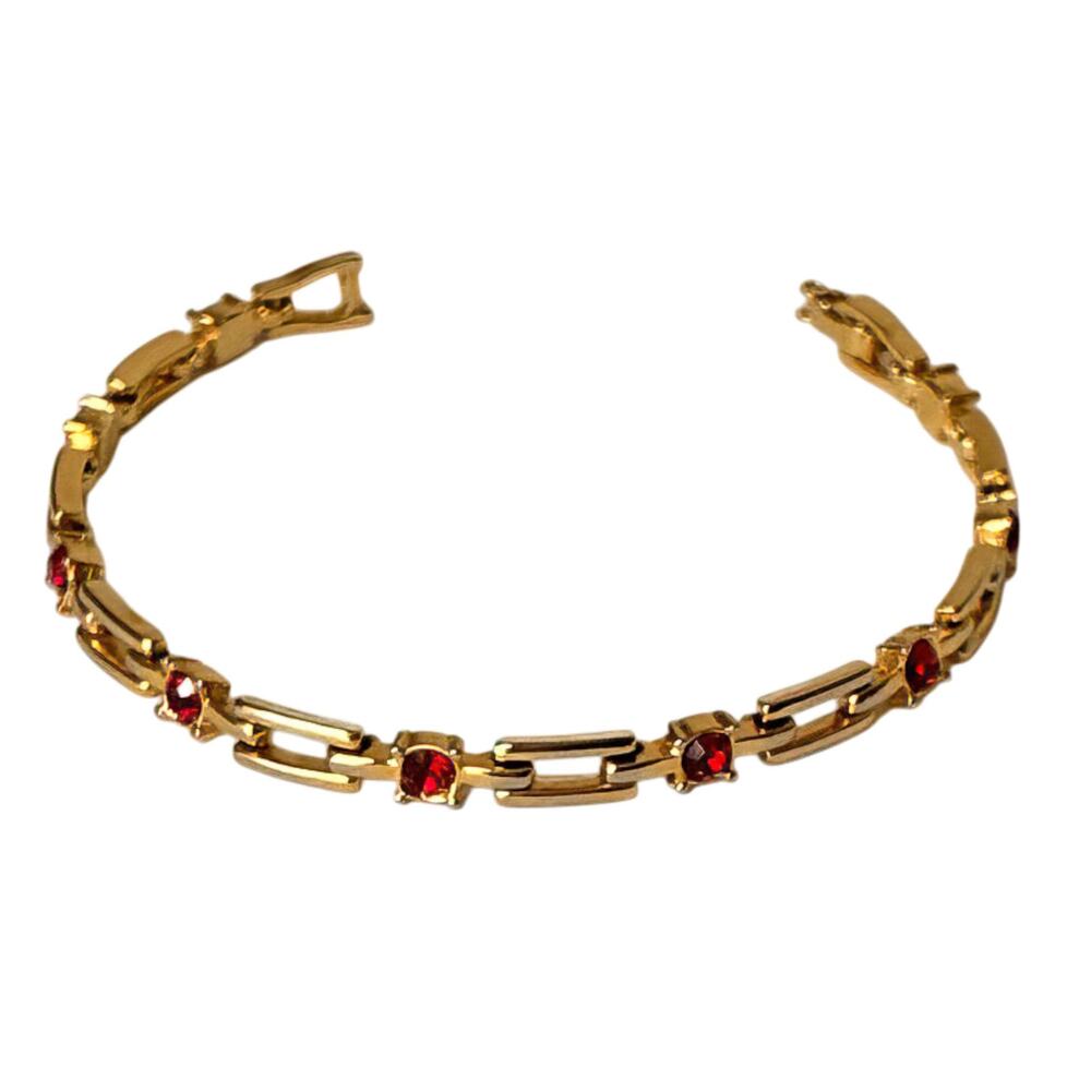 Vintage Gold Plated Bracelet Red Rhinestone Link Fold Over Clasp